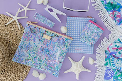 Lilly Pulitzer Water Resistant Vinyl Beach Day Pouch, Zipper Bag Includes Drink Hugger, Small Pouch, and Towel Clips - color: Soleil It On Me