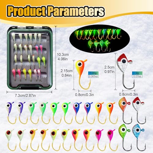 Ice Fishing Lures Kit, 24pcs Micro Bright Jig Heads for Panfish, Crappie, Walleye, Perch, Trout, Bluegill Ice Fishing Hooks Set with Waterproof Tackle Box