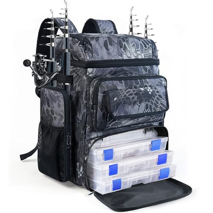 Fishing Tackle Backpack With Rod Holders, 45L Large Tackle Bag & Fishing Tackle Backpack,Cellular Pattern Color - color: Camouflage Cellular Pattern