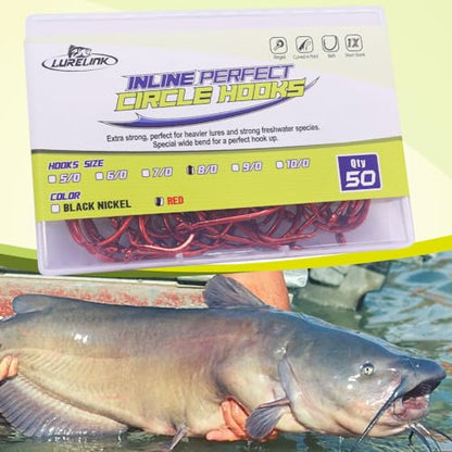 LURELINK-Inline-Circle-Hooks-Saltwater-for-Catfish-Bass-Octopus-Hooks-Fishing-Hook-Freshwater 50 Pack - color: Red, size: 9/0 50-Pack