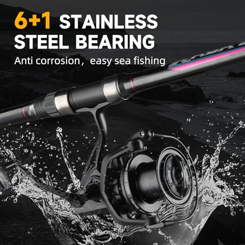 HAUT TON Spinning Reel 8000/9000/10000/12000/14000,6+1BB Metal Surf Fishing Reels,4.8:1 Gear Ratio 55lbs Drag Heavy Long Casting Inshore Saltwater Monster Fish - size: 12000, style: Ht-ngk(black)