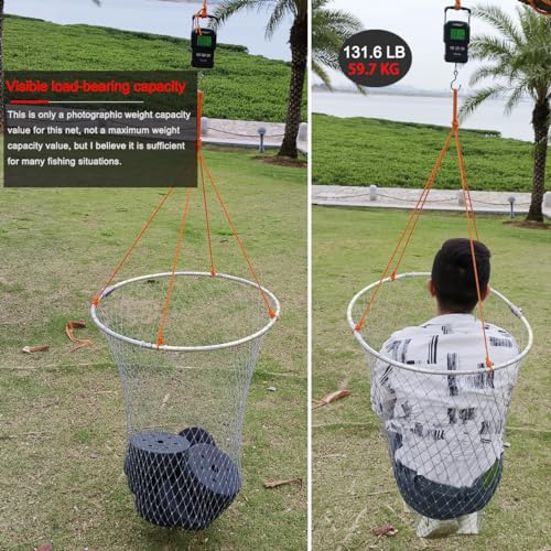 Drasry Foldable Bridge and Pier Fishing Landing Net - High Load-Bearing Aluminum Ring Drop Net for Saltwater Freshwater - Collapsible Basket With 49.2 FT Rope - color: silver, size: 31.5*31.5*41 IN / 80*80*104cm, style: 1.18*1.18 in Mesh