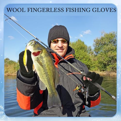 Geyoga 2 Pairs Wool Fingerless Fishing Gloves for Men Women Anti-Slip with Grip Dots Warm Winter Fly Ice Fishing Gloves - color: Black and Gray, style: 3 Cut Fingers