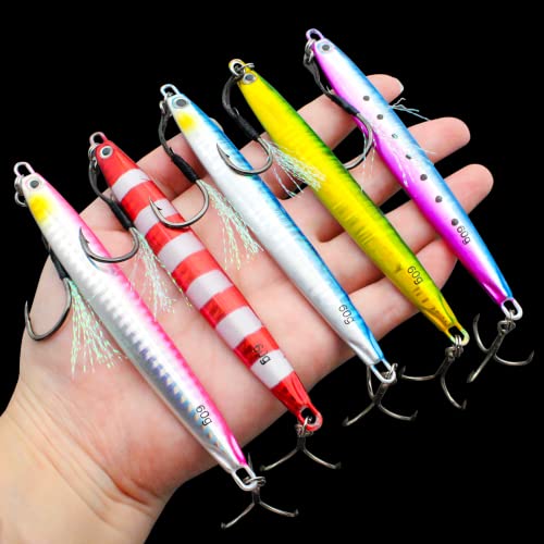 Fishing Jigs Vertical Saltwater Jigs Vertical Jigging Spoon Fishing Tuna Lures Boat Fishing Artificial Lures for Tuna, Grouper, Dogtooth, Snapper, Bass, Salmon/60g, 80g,120g - color: 5pcs（60g）-multicoloured