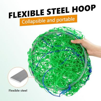 QualyQualy Large Bridge and Pier Fishing Net 32''/39'' Hoop, Foldable Drop Net Pier Fishing for Saltwater with Rope, Landing Net with Nylon Mesh, Collapsible Soft Steel Ring - color: Green, size: M: 32''×36''