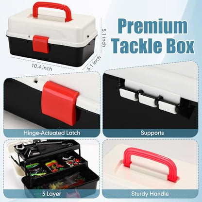 RoundFunny 3 Layers Fishing Tackle Box 414 Pcs Fishing Gift Lures Gear Kit with Tackle Included Pliers Lip Gripper Bait Hook Accessories for Beginner Fisherman Women Men, Fit Bass Trout - color: Black