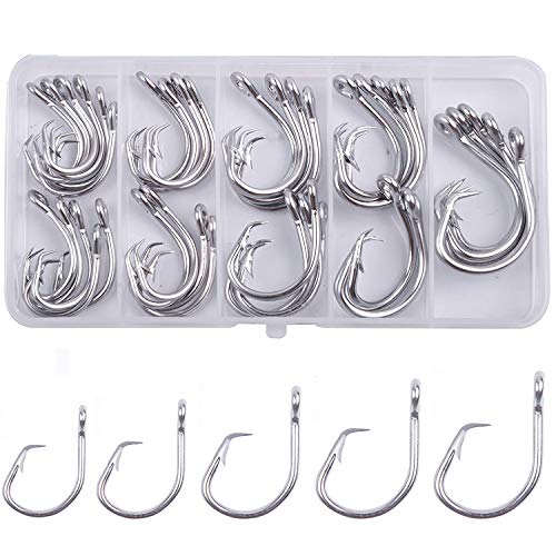 Circle Hooks Saltwater, 40pcs Stainless Steel in-line Straight Eye Tuna Circle Hook Extra Strong Wire Short Shank Fishing Hooks for Tuna Bass Catfish