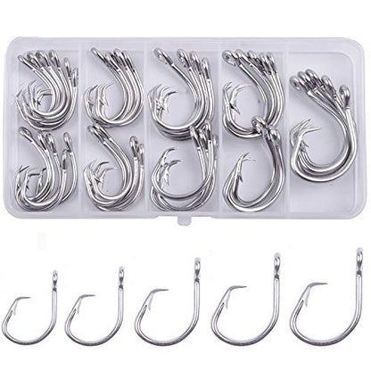 Circle Hooks Saltwater, 40pcs Stainless Steel in-line Straight Eye Tuna Circle Hook Extra Strong Wire Short Shank Fishing Hooks for Tuna Bass Catfish
