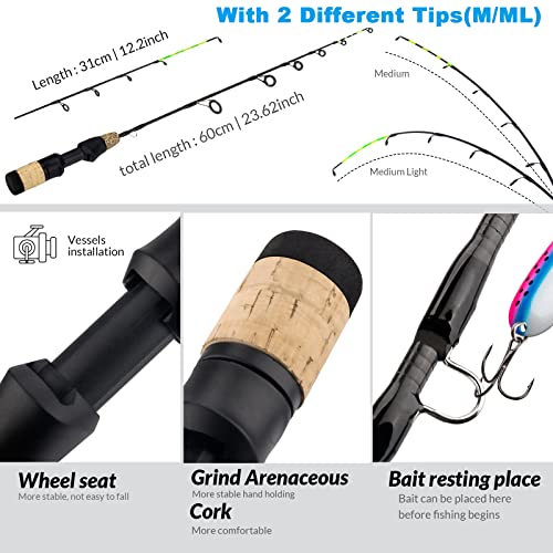 QualyQualy Ice Fishing Rod Reel Combo Complete Set Ice Fishing Gear with Backpack Seat Ice Cleats Ice Fishing Jigs Line Full Ice Fishing Kit 24" 26" - style: Spinning Reel Combo