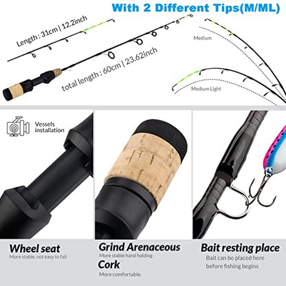 QualyQualy Ice Fishing Rod Reel Combo Complete Set Ice Fishing Gear with Backpack Seat Ice Cleats Ice Fishing Jigs Line Full Ice Fishing Kit 24" 26" - style: Spinning Reel Combo