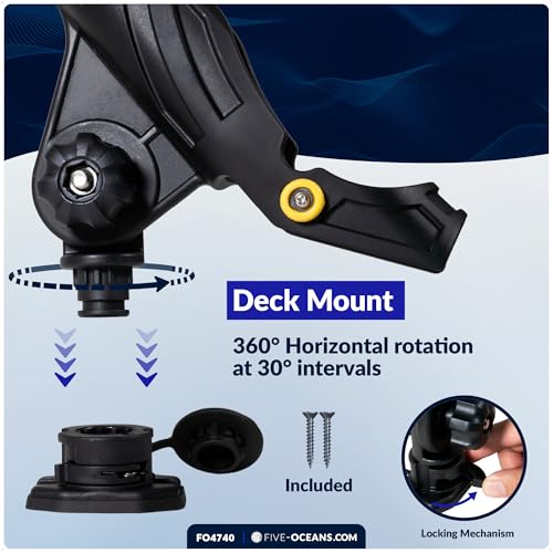 Five Oceans Fishing Rod Holder for Boat with Deck Mount Base, Black, High-Impact Nylon for Boats & Kayaks, Multiple Sizes - style: X-large Rod Holder + Spring-loaded Lock Cap Base