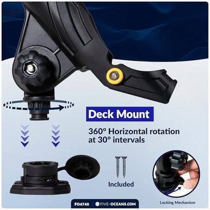 Five Oceans Fishing Rod Holder for Boat with Deck Mount Base, Black, High-Impact Nylon for Boats & Kayaks, Multiple Sizes - style: X-large Rod Holder + Spring-loaded Lock Cap Base