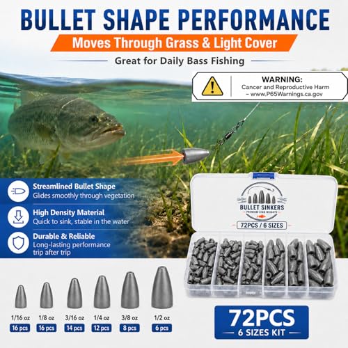 Bullet Fishing Weights Kit, 50/72pcs Size Stamped Lead Worm Weights, 5/6 Sizes Bullet Sinkers for Bass Fishing, Texas Rig, Carolina Rig & Soft Plastic Baits