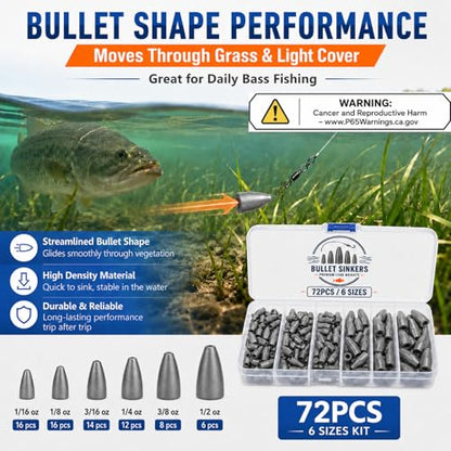 Bullet Fishing Weights Kit, 50/72pcs Size Stamped Lead Worm Weights, 5/6 Sizes Bullet Sinkers for Bass Fishing, Texas Rig, Carolina Rig & Soft Plastic Baits