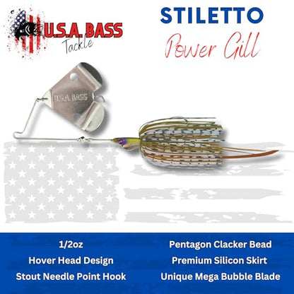 USA BASS Tackle Stiletto Buzzbait Largemouth Smallmouth Spotted Bass Premium Fishing Bait Hover Head Custom Silicon Skirt Mega Bubble Blade Clacker Heavy Duty Hook - color: Power Gill