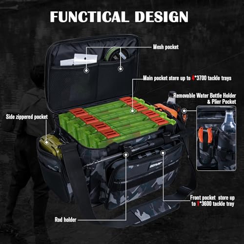 Goture Fishing Tackle Bag with 4pcs 3600 Tackle Boxes, 600D Water-Resistant Soft Side Saltwater Gear Storage Fishing Bag with Rod Straps, Detachable Water Bottle Pouch, Waterproof Bottom, SBS Zippers - color: C2:Camo with 4 3600 Tackle Boxes, size: Large