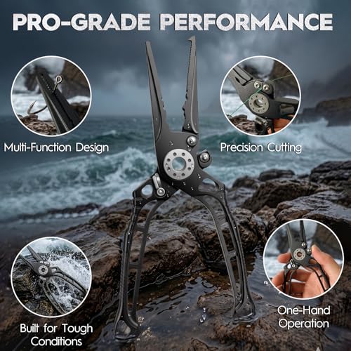 BASICGEAR Pro Fishing Pliers, 17-4PH Stainless Steel, 8", Saltwater Resistant, Braid Cutter, Split Ring Tool, Gunmetal Gray