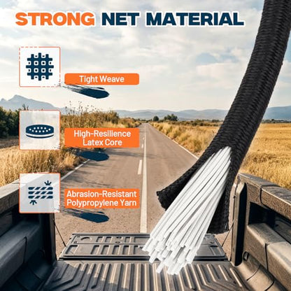 4' x 6' Cargo Net (Stretches to 8'x12') with 12 Metal Carabiners | 4" x 4" Mesh, Bungee Truck Bed Net, Large Items Organizer Accessory for Pickup Trucks, RVs, and Cargo Storage