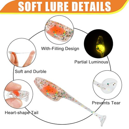 Crappie Lures Soft Plastic Fishing Lures Kit, 52pcs Glow Paddle Tail Swimbaits with Glitter, Mini Fishing Baits for Crappie Bluegill Trout Bass Perch Panfish, Freshwater Tackle Kit - color: 52pcs Crappie Jigs Lure Kit