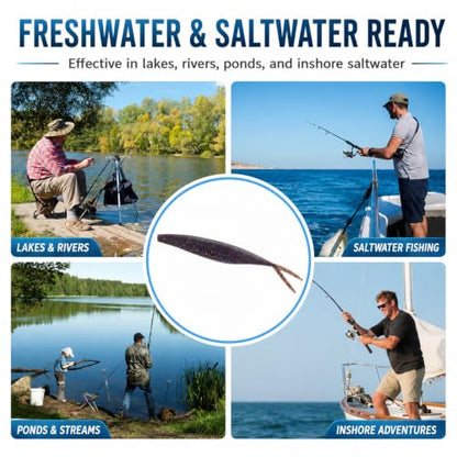 Soft Plastic Jerkbait Fishing Lures, 5 Inch Fluke Style Minnow Swimbaits for Bass, Walleye, Trout & Crappie, Scented Soft Baits for Freshwater & Saltwater, 10 Pack - color: Black Flash