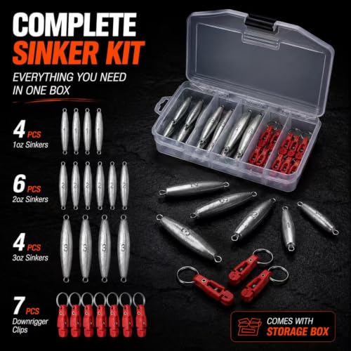 Torpedo Sinkers Fishing Weights Kit 21PCS (1oz, 2oz, 3oz), Inline Trolling Weights Set with Clips for Depth Control, Lead Trolling Sinkers for Walleye Salmon Lake & Deep Water Fishing