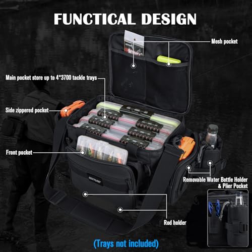 Goture Fishing Tackle Bag,Store Up to 4PCS 3700 Tackle Boxes(Not Included),600D Soft Side Water-Resistant Saltwater Gear Storage Fishing Bag with Rod Straps,Detachable Water Bottle Pouch,SBS Zippers - color: A3:Black(Without Trays-17.72"x11.81"x9.45"), si