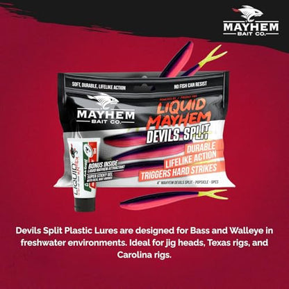Liquid Mayhem Devils Split 4” – Soft Plastic Lures for Bass & Walleye with Fast Darting Action – Includes Bonus 10ml Attractant – 6 Baits Each Pack - size: 4" Kit - 1 Pack, style: Popsicle