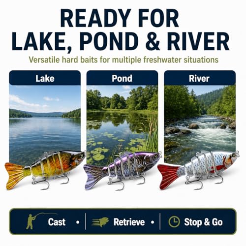 Rattling Fishing Lures 3 Pack, Multi-Jointed Swimbaits with Treble Hooks, Lifelike S-Swimming Hard Baits for Bass, Trout, Crappie & Perch