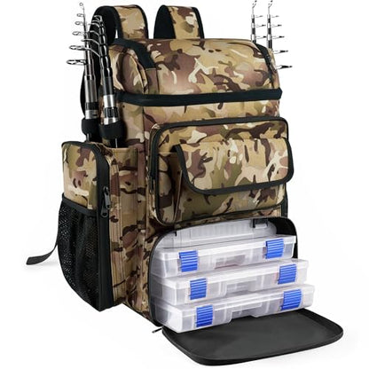 Fishing Tackle Backpack With Rod Holders,45L Large Tackle Bag & Fishing Tackle Backpack for Fishing,Camping, Hiking,Woodland Camouflage - color: Woodland Camouflage