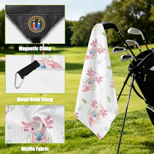 Axolotl Fish White Pattern Magnetic Golf Towel for Golf Bags Microfiber Golf Accessories for Men Women with Carabiner Clip Attaches to Carts and Clubs, 17.7"x17.7"
