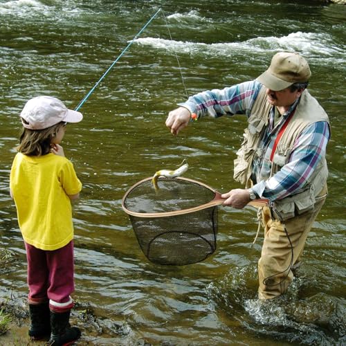 Fishing Net with Comfortable Grip Handle Wooden Poles Fishing Landing Net with Lanyard for Adults Portable Landing Net - size: L: About. 66x35cm/25.98x13.78"