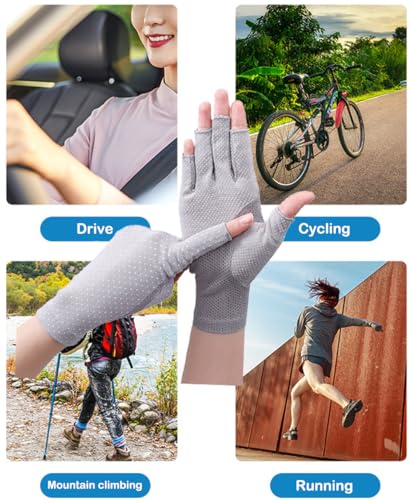Eohak Women Driving Gloves Sun UV Protection Summer Outdoor Hiking UPF 50+ Glove Touchscreen Half-Finger Glove - color: Beige