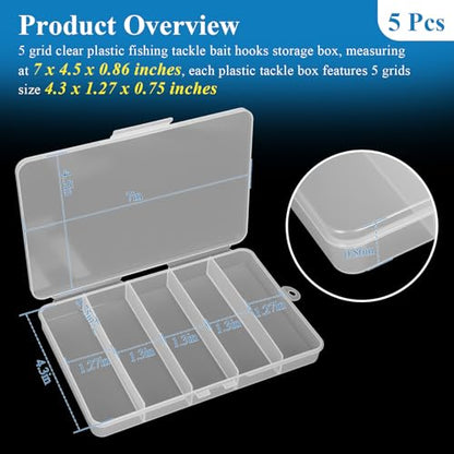 5 Pack 5-Grid Clear Plastic Fishing Tackle Accessory Box, 7" x 4.5" x 0.86" | Ideal for Fishing Hooks/Lures/Plastics, Also Fits Jewelry, Board Game Storage, Screws, Bobby Pins & DIY Crafts Beads Earrings
