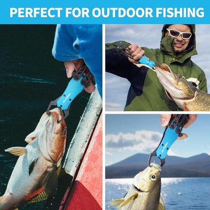 FLISSA Folding Fish Gripper with Lanyard, Lightweight Aluminum Fish Grabber, Portable Fish Lip Gripper Holder for Saltwater and Freshwater Fishing