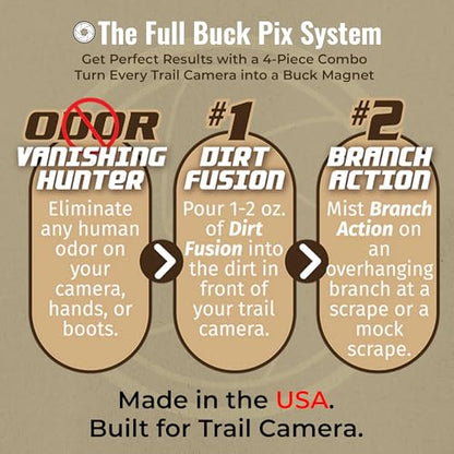 Buck Fever Buck Pix 2,3,4-Piece kit - Synthetic Deer Scent (4 oz Branch Action & 4 oz Dirt Fusion) for Whitetail & Mule - Non-Spoiling Deer Attractant for Outdoor Trail Camera - size: 4 - Piece Combo