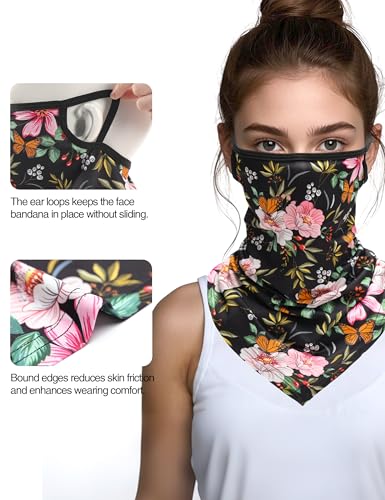 FISHEAL UV Sun Protection Face Scarf Mask, Breathable Gardening Face Cover Neck Gaiter with Ear Loops Bandana for Men Women - color: Black Flowers