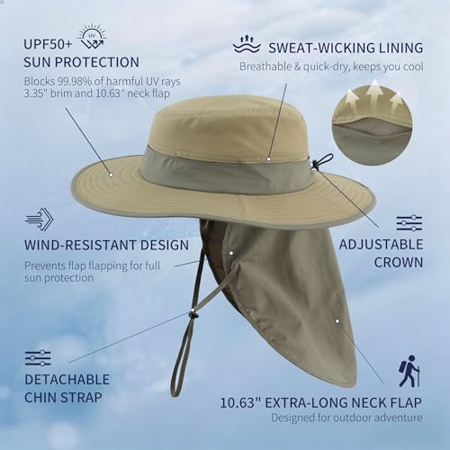 Connectyle Wide Brim Sun Hat for Men Women UPF 50+ Breathable Fishing Hat with Neck Flap Outdoor Hiking Safari Bucket Hats - color: Light Khaki Green