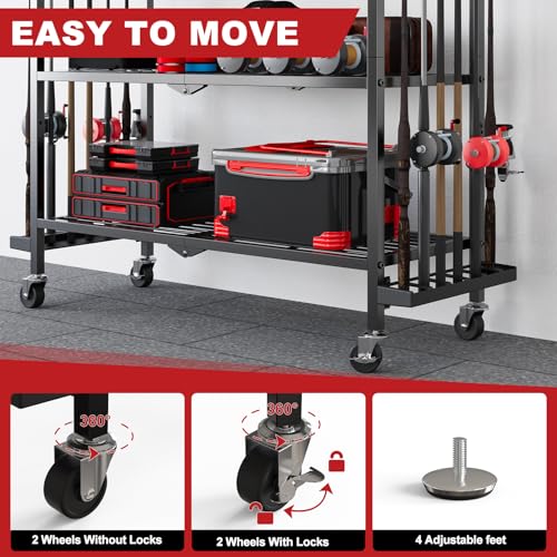 Fishing Rod Holders for Garage, Fishing Rod Stand with Wheels and Pegboard, 3-Tier Pole Storage Rack with 8 Hooks and 12 Rod Slots, Ideal for Tackle, Backpacks, and Gear Red - color: Red
