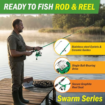 Wakeman Fiberglass Fishing Rod and Reel Combo – 2-Piece 65-Inch Medium Action Spinning Rod Set for Lake Fishing - color: Emerald Green Metallic