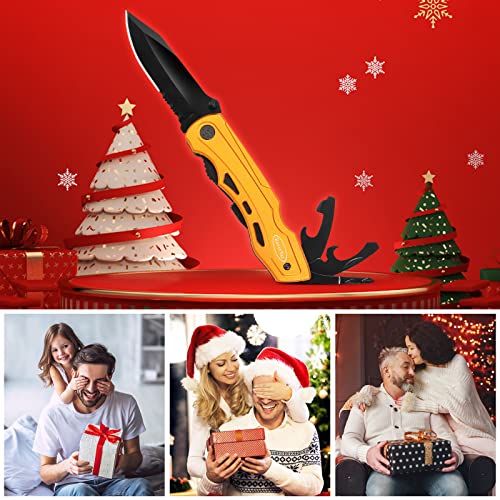 RoverTac 15-in-1 Pocket Multitool Knife - Folding Knife with Pliers, Bottle & Can Opener, Phillips Screwdriver + 9 Bits, Nylon Sheath - EDC Multi Tool for Camping, Hiking & DIY - Gifts for Men & Dad - style: Multi-Knife Pliers Golden