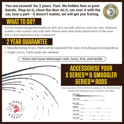 Rigged & Ready X Series™ Travel Fishing Rods. 6 Super Compact Combos and Rods, Multi-Functional, Spinning Poles. 5 to 25 Techniques from one Rod. Spin, Bass, Carp, Fly. Fresh & Saltwater Angling.