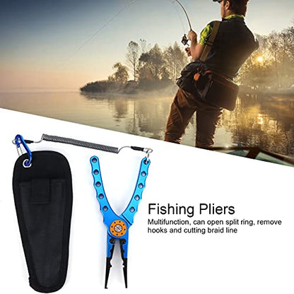 Fishing Pliers Saltwater, Split Pliers Hook Remover, with Safety Lock, Split Pliers Tools, with Sheath and Lanyard, Aluminum Alloy Multi Function Fish Tools - color: Blue