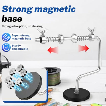 Magnetic Fishing Line Spooler Tool - Portable Adjustable Reel Winder for Spinning Casting Reels. Aluminum Alloy Spooling Station System for Metal Surfaces in Boat, car, Garage Use