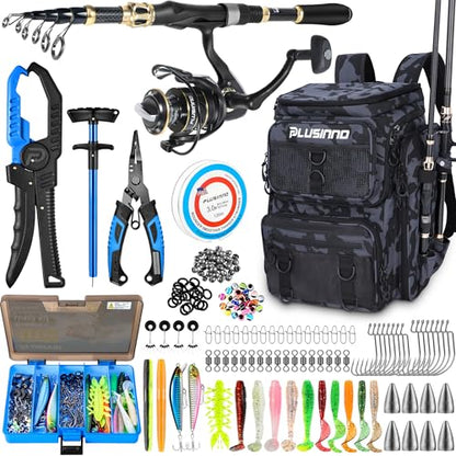 PLUSINNO Fishing Backpack with Fishing Rod Gear Holders Tackle Box, 42L Large Water-resistant Tackle Backpack Store Tools, Gear - color: Backpack With Rod