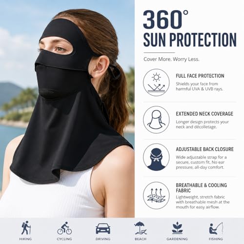 Face Cover for Sun Protection UPF 50+ UV Face Mask, UV Face Shield for Golf, Hiking Fishing & Outdoors Breathable - color: Black