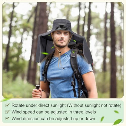 Maiteenly 2 Pcs Solar Fan Hat for Men with Neck Flap Bucket Fan Buit in Hats for Hiking Fishing Outdoor USB and Solar Powered - color: Gray,black
