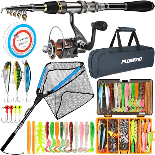 PLUSINNO Fishing Gear - Telescopic Fishing Rod and Reel Combo with Tackle Box, Collapsible Rod and Lures Box, Travel Fish Pole Starter Kit, Fishing Accessories Tackle Lure Kit Gifts for Men Bass Trout - color: Full kit with lures and net, size: 2.1m 6.89f