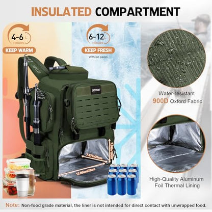 Goture Fishing Backpack with 4 Tackle Boxes,58L 900D Water-Resistant Tackle Backpack with Cooler,Rod Holders,8 Lure Pockets, Detachable Crossbody Bag,Gear Storage Large Fishing Bag for Camping Hiking - color: D1:green With 4 Tackle Boxes