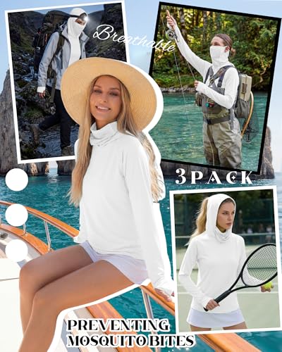 Xaatren 3 Pack Women's UPF 50+ Sun Hoodies with Face Mask Thumb Holes Quick Dry Fishing Shirts UV Protection Hiking Shirt - color: White, White, White, size: XX-Large