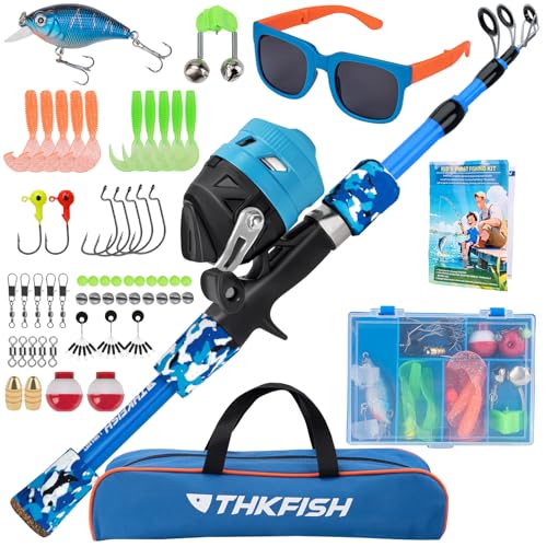 Kids Fishing Pole Set, Telescopic Fishing Rod Reel Combo Kids Starter Kit with Lures Tackle Box, Foldable Stool and Portable Bag for Boys Girls Younth - color: Blue Pole Set with Sunglasses, size: 1.2M 3.9FT